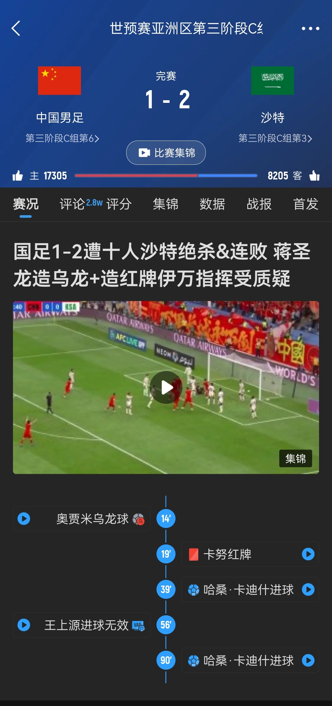 今天什么劇本？首戰(zhàn)沙特也是半場(chǎng)紅牌+蔣光太傷退，最后國(guó)足被翻