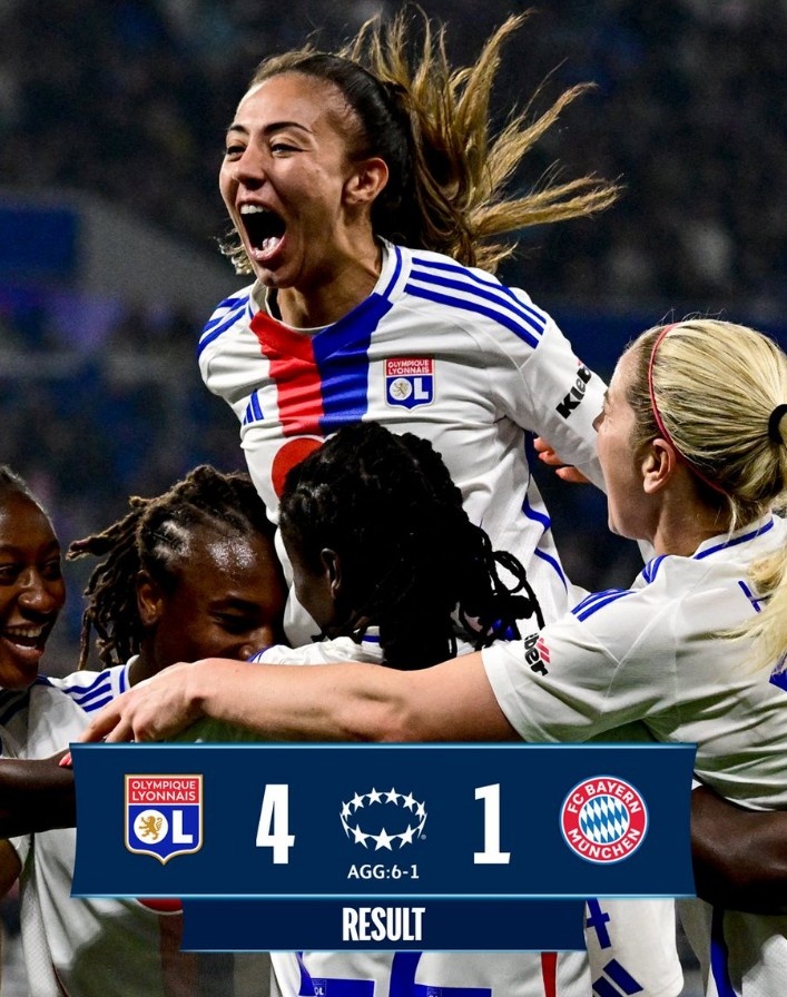  里昂女足4-1大勝拜仁女足，總比分6-1晉級(jí)女足歐冠半決賽